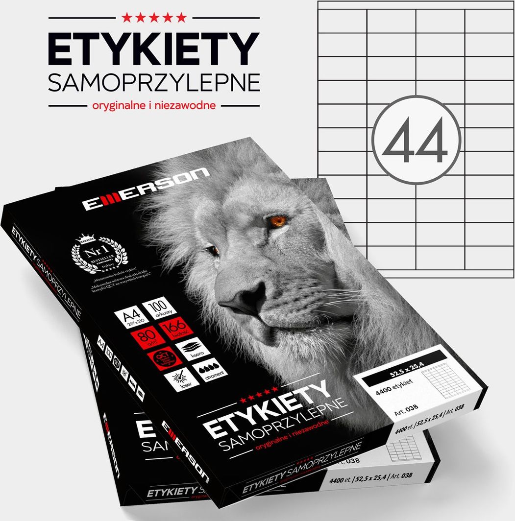 Etiketa vetëngjitëse Emerson ETYK, 52.5 x 25.4mm, 100 fletë A4, të bardha