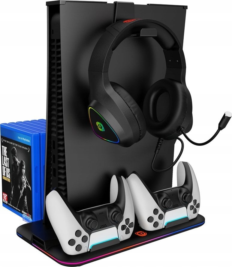 Stendë multifunksionale Canyon CS-PS5 FAN RGB Charging, për Playstation 5, me ventilator dhe karikues kontrollorësh, e zezë