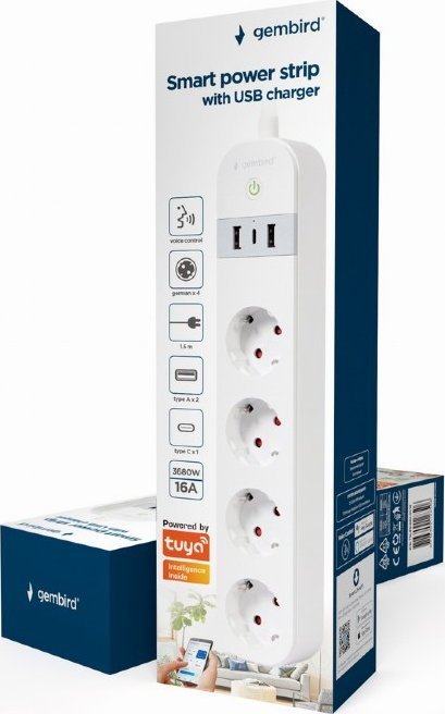 Prizë inteligjente Gembird Smart Power Strip Tuya, 4xDE, 2xUSB A 1xUSB C, e bardhë