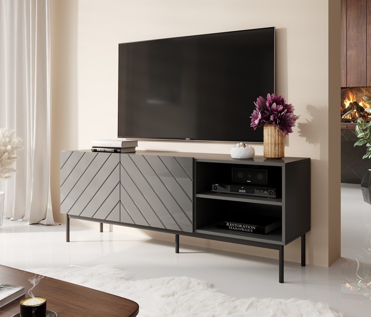 Komodë TV me shtrat Abeto, 150x42x60 cm, chipboard MDF, gri me shkëlqim