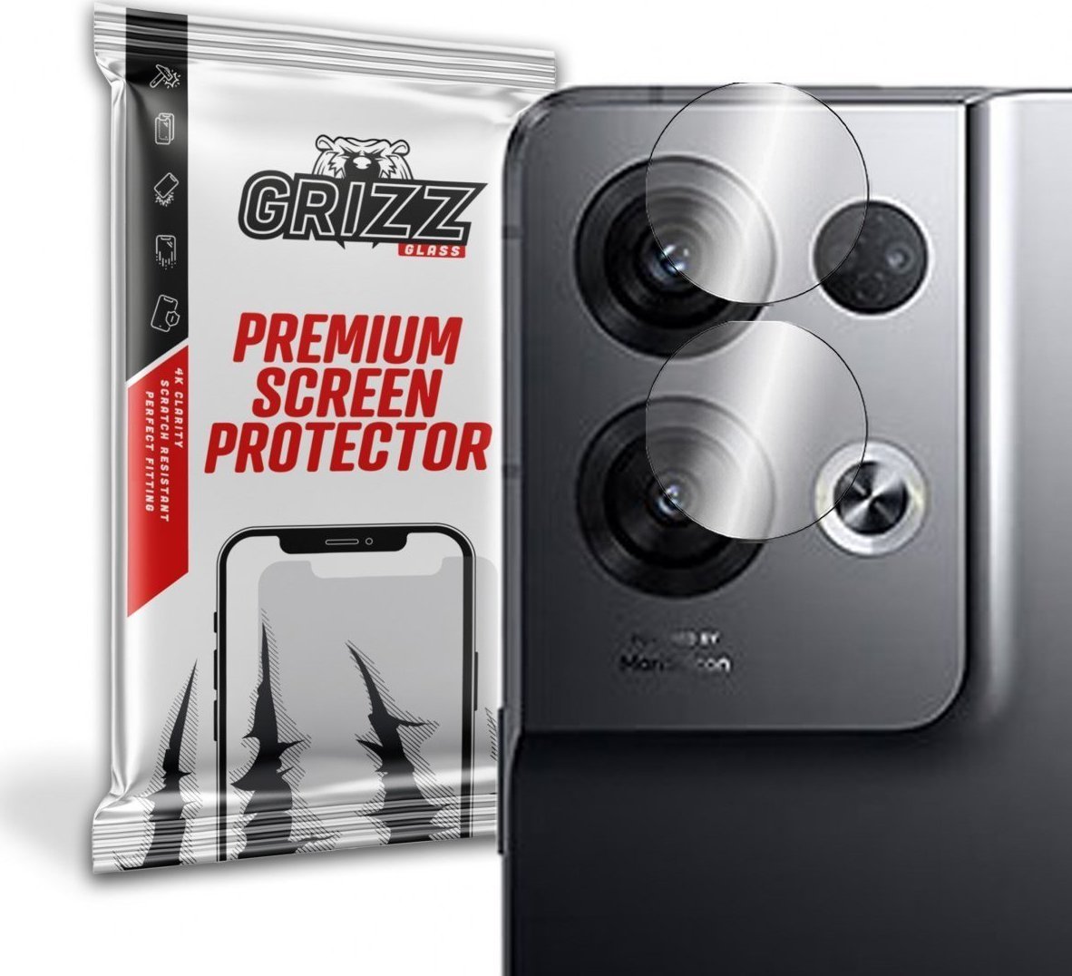 Mbrojtëse kamerë GrizzGlass Oppo Reno 8 Pro+, xham hibrid, set 2 copë, transparente