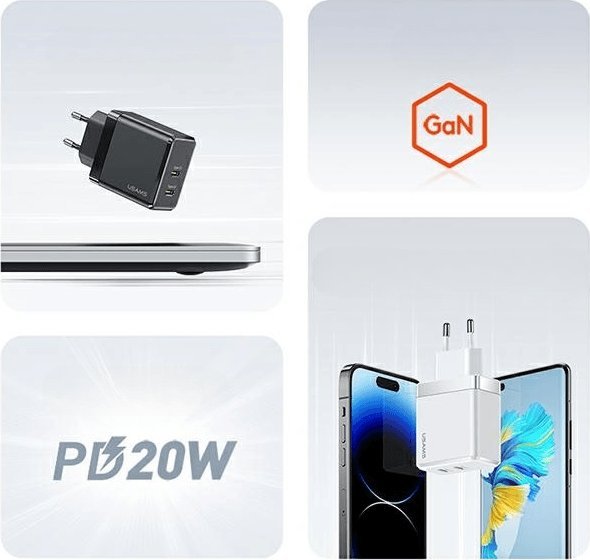 Karikues muri USAMS T54, 2x USB C, 40W PD, i bardhë