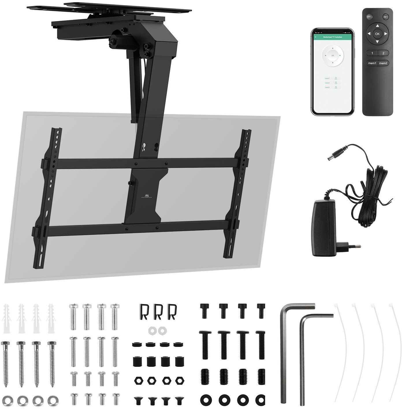 Mbajtëse tavani për TV Maclean Electric, me telekomandë, 43-86", 45kg, e zezë