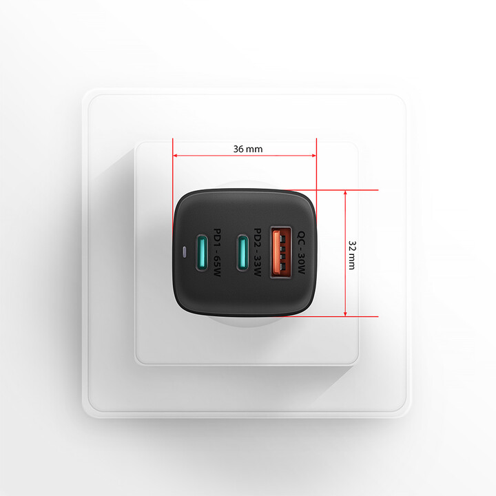 Karikues AXAGON GaN, USB-A, 2x USB-C, PD3.0/QC4+/PPS/Apple, 65W, i zi