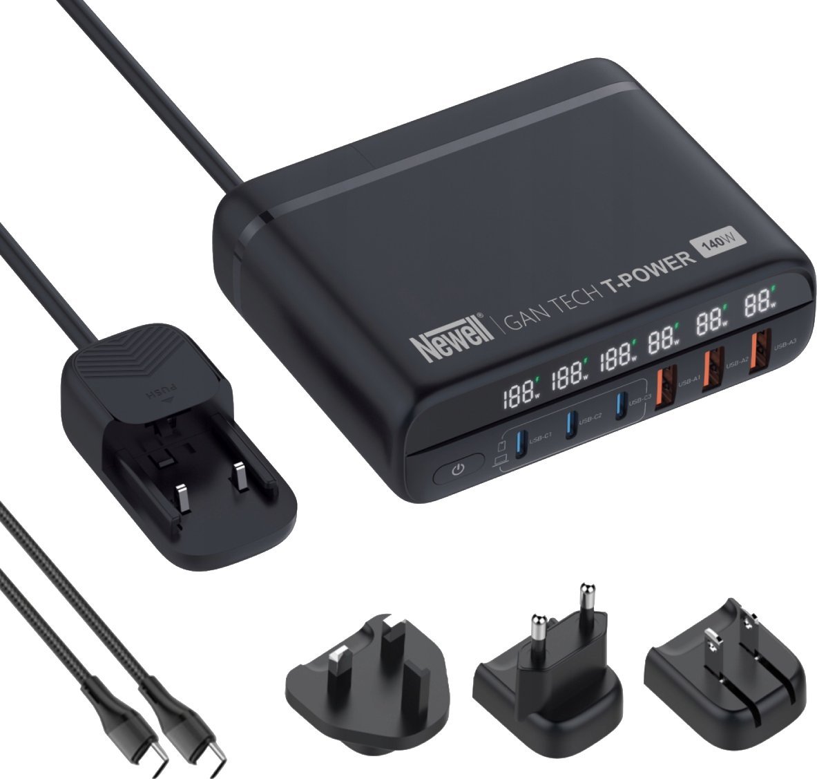 Karikues muri Newell GaN Tech T-power, 140W, 6 porte USB, me adapterë prizash