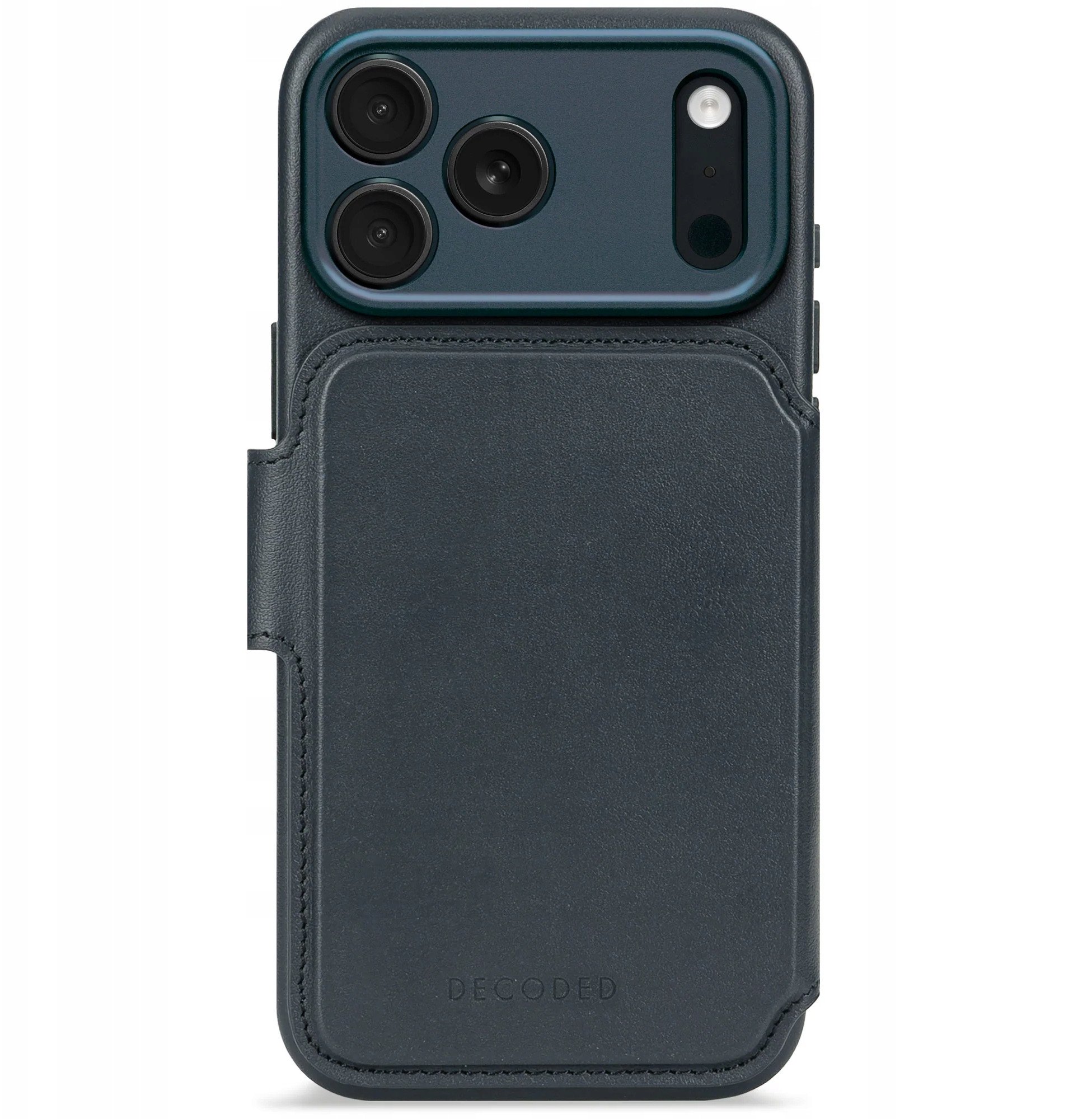 Mbështjellëse folio Decoded për iPhone 17 Pro, lëkurë natyrale, me xhepa kartelash, blu