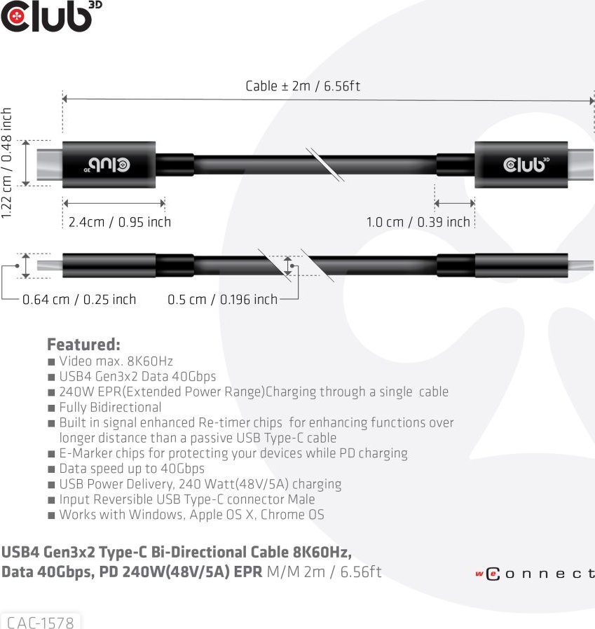 Kabllo USB4 Club 3D CAC-1576, 40 Gbps, PD 240W, 2m, e zezë