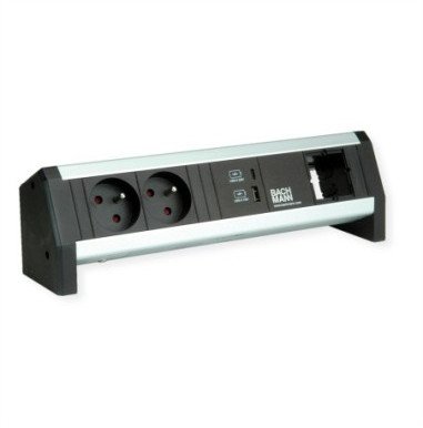 Shirit rryme tavoline Bachmann DESK, 2x prizë, USB A C 22W, alumini i argjendtë i zi