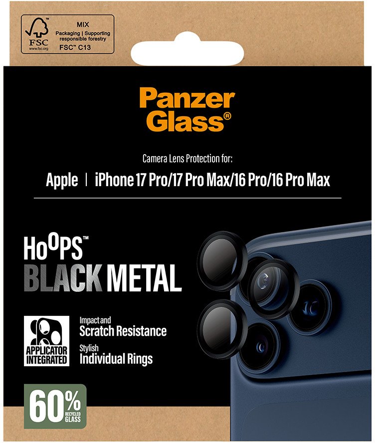 Mbrojtës kamere PanzerGlass Hoops, për iPhone 17 Pro 17 Pro Max 16 Pro 16 Pro Max, i zi