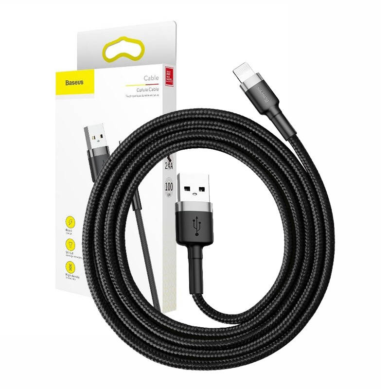 Kabllo USB Lightning Baseus, 0.5 m, 2.4A, e zezë gri