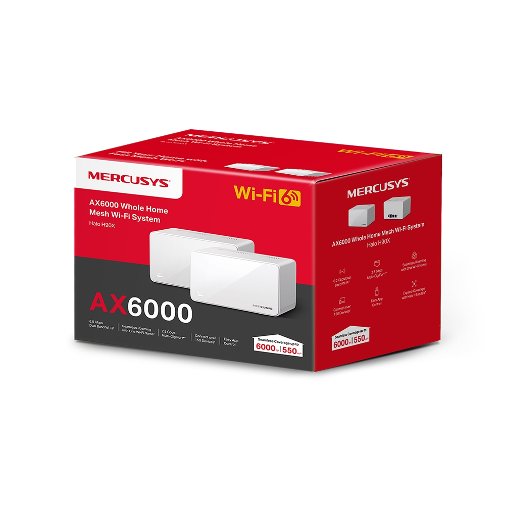 Sistem mesh WiFi Mercusys Halo H90X, WiFi 6, 6000 Mbps, 2 copë, i bardhë