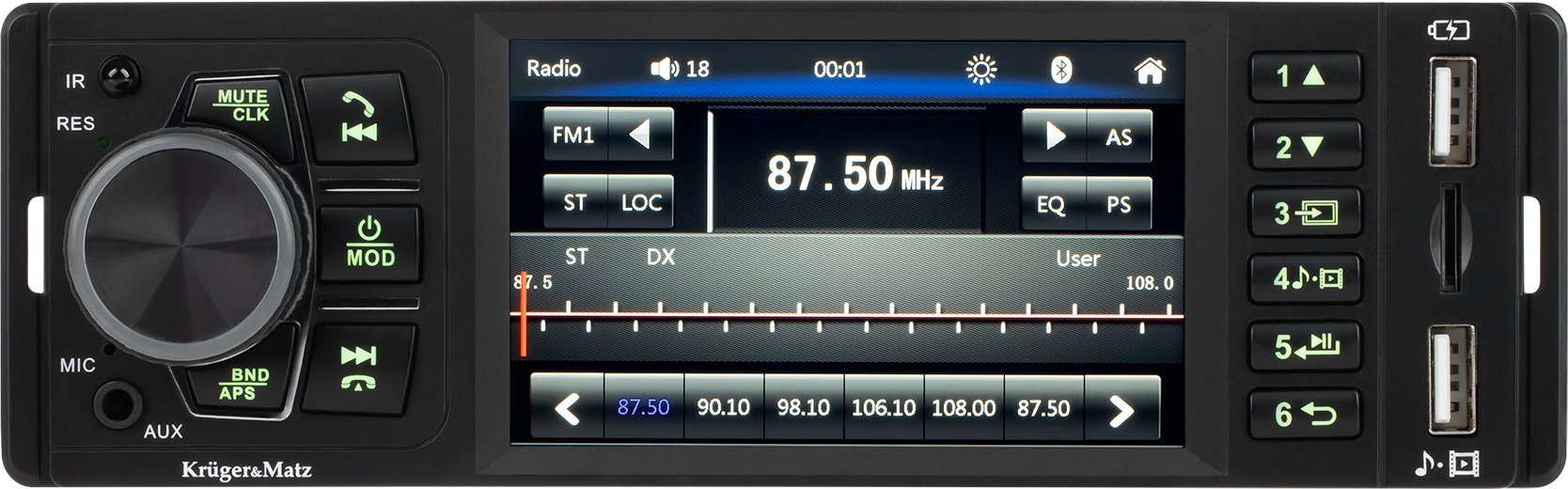Radio veture Kruger&amp;Matz KM2015, 4" me prekje, Bluetooth 5.1, 1 DIN, e zezë