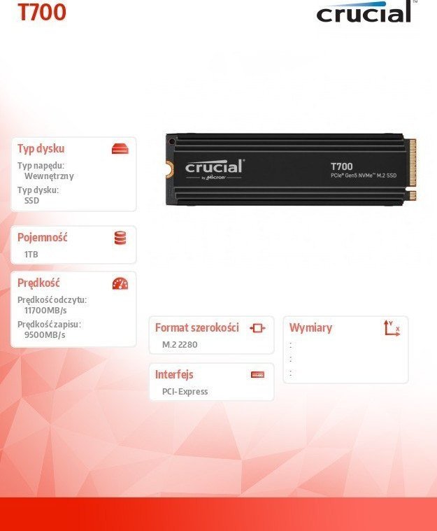 Disk SSD Crucial T700, 1TB, M.2 2280 PCI-E x4 Gen5 NVMe 2.0