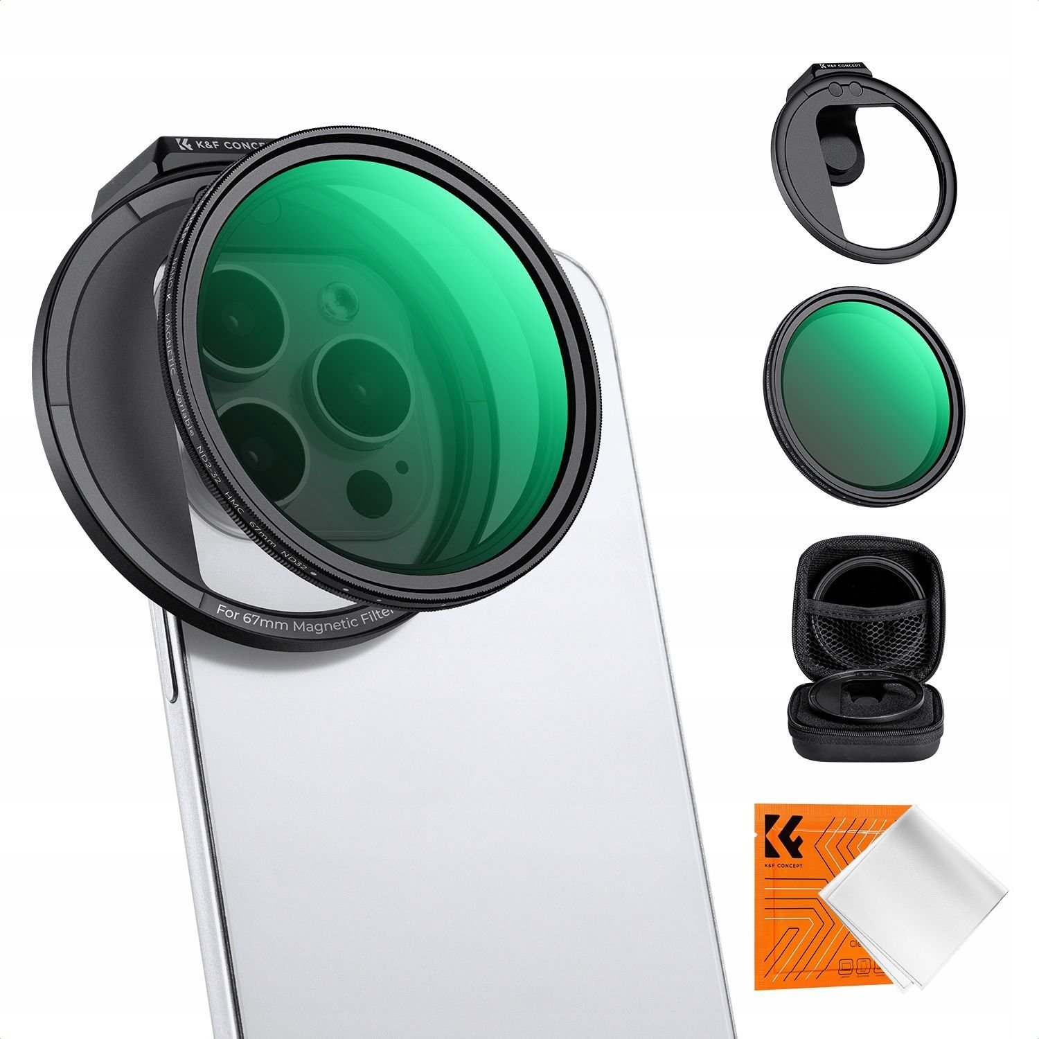 Set filtrash telefoni K&amp;F Concept 67mm, klips magnetik, filtër ND2–32, i zi