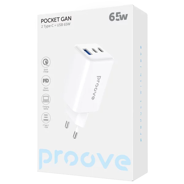 Karikues muri Proove Pocket, 65W, me 2×Type-C dhe USB, i bardhë