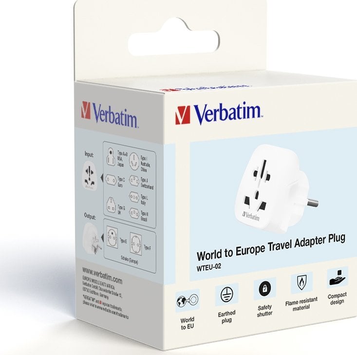 Adapter udhëtimi Verbatim WTEU-02, World to Europe, prizë 2 pina, i bardhë
