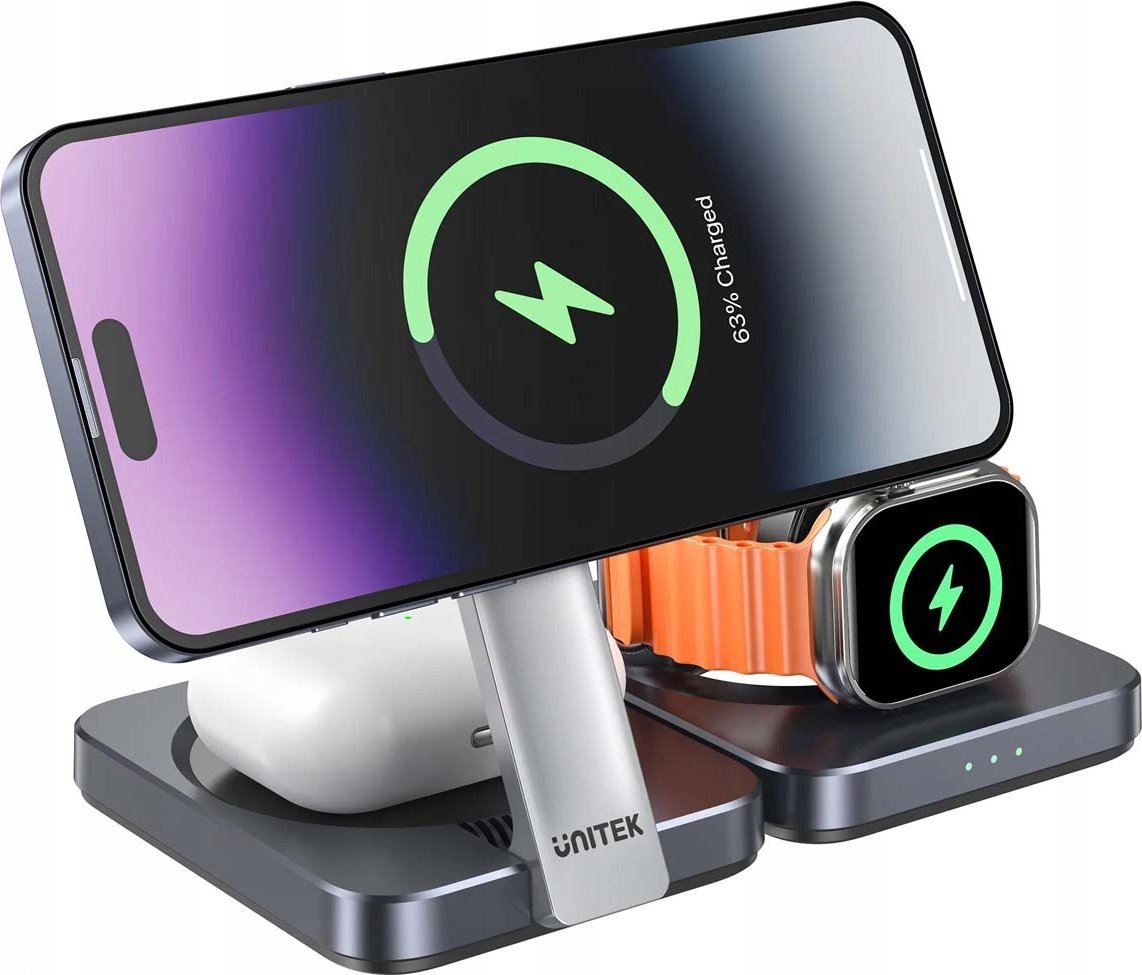 Karikues 3 në 1 UNITEK P1300AGY01, MagSafe Qi2, karikim i shpejtë, gri