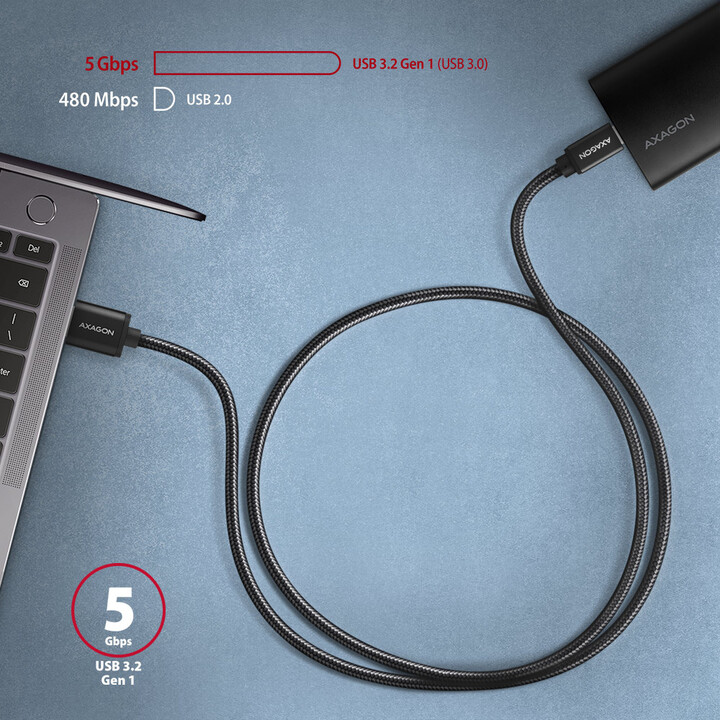 Kabllo AXAGON USB-A - USB-C SPEED USB3.2 Gen 1, 3A, 2m, e zezë