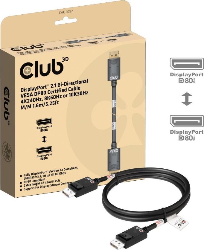 Kabllo DisplayPort Club 3D CAC-xxx, 1.6m, DP 2.1 Bi-Directional, e zezë