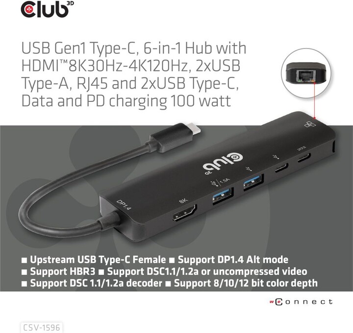 Kabllo Hub Club3D USB-C, 6në1 Hub me HDMI 8K30Hz, 2xUSB Type-A, RJ45 dhe 2xUSB Type-C