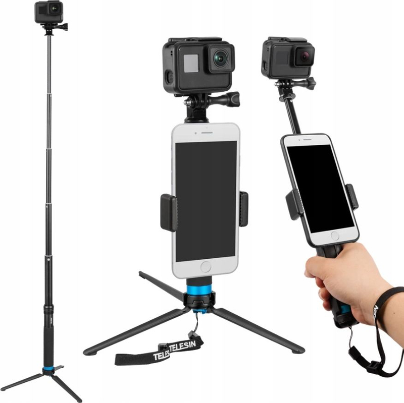 Selfie stick trekëmbësh Telesin GP-MNP-090-S, 20-90cm, për kamera sportive, i zi