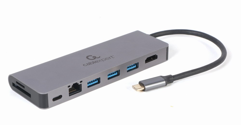 Përshtatës Gembird A-CM-COMBO5-05, USB Type-C, 5-in-1, Hub, HDMI, PD, card reader, LAN, i hirtë