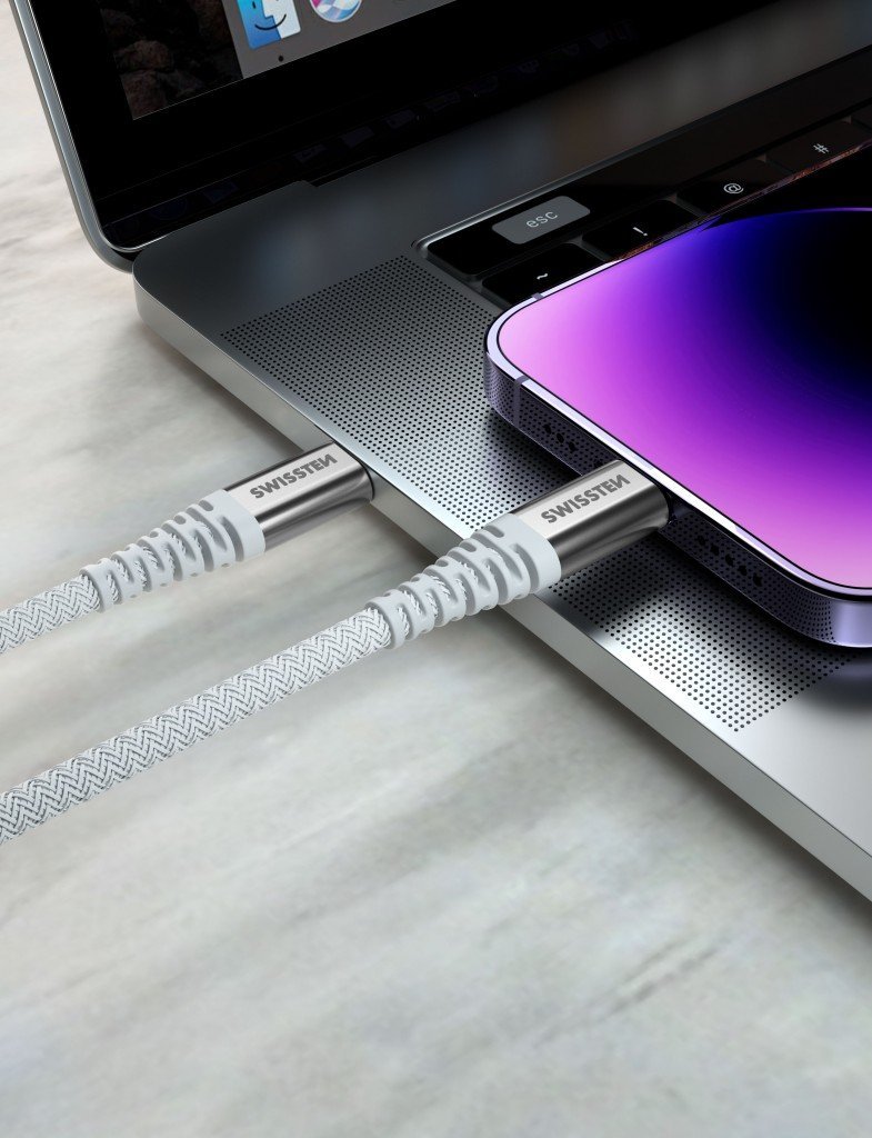 Kabllo USB Swissten Kevlar USB C në USB C, 1.5m, 60W, e bardhë
