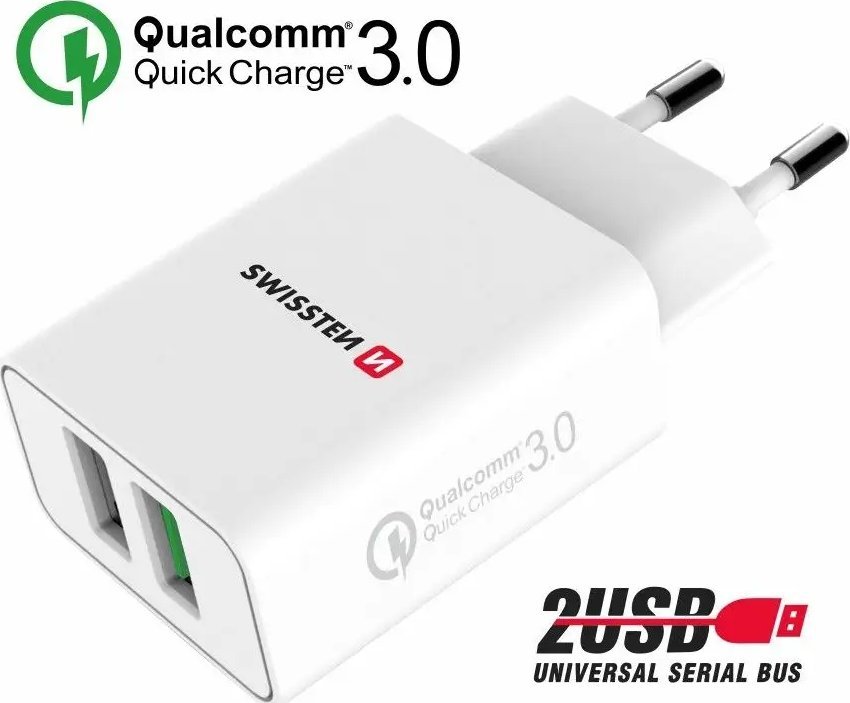 Патен полнач Swissten Travel, 2x USB QC 3.0, 23W, црн