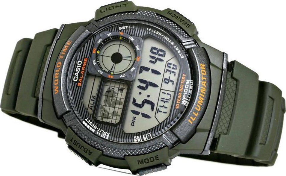 Ora digjitale Casio Illuminator AE-1000W-3A, quartz, 100m rezistente ndaj ujit, jeshile