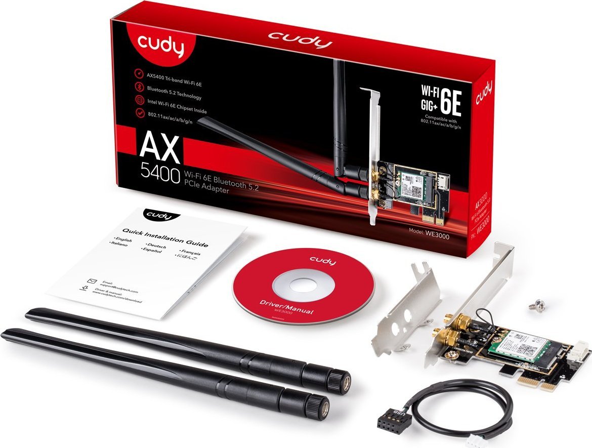 Kartë rrjeti Cudy WE3000, Wi‑Fi 6E, Bluetooth 5.2, me antena të jashtme