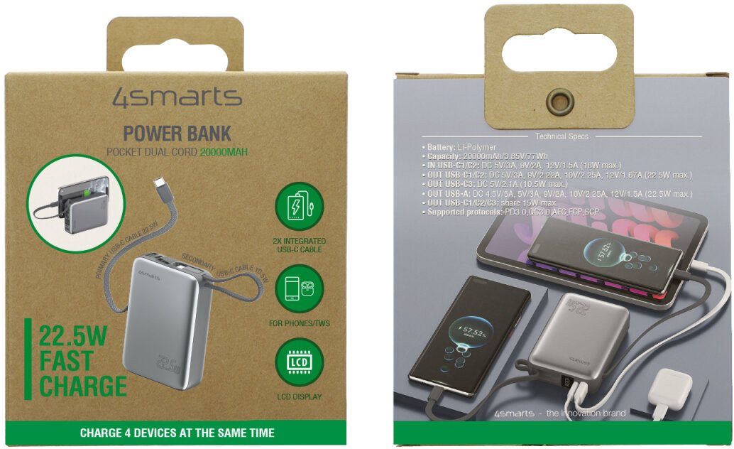 Powerbank 4smarts Pocket Dual Cord 20000mAh, 22.5W, gri hapësinor