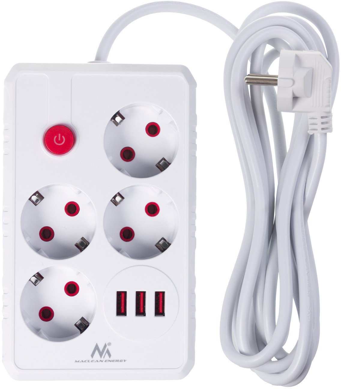 Zдолжителен приклучен продолжувач Maclean MCE393 W, 4 излези, 3x USB, 3m, бел