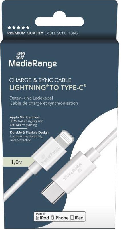 Kabllo karikimi MediaRange, Lightning në USB-C, 1m, e bardhë