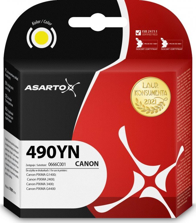 Bojë printeri Asarto për Canon 490YN GI 490Y, 70ml, e verdhë