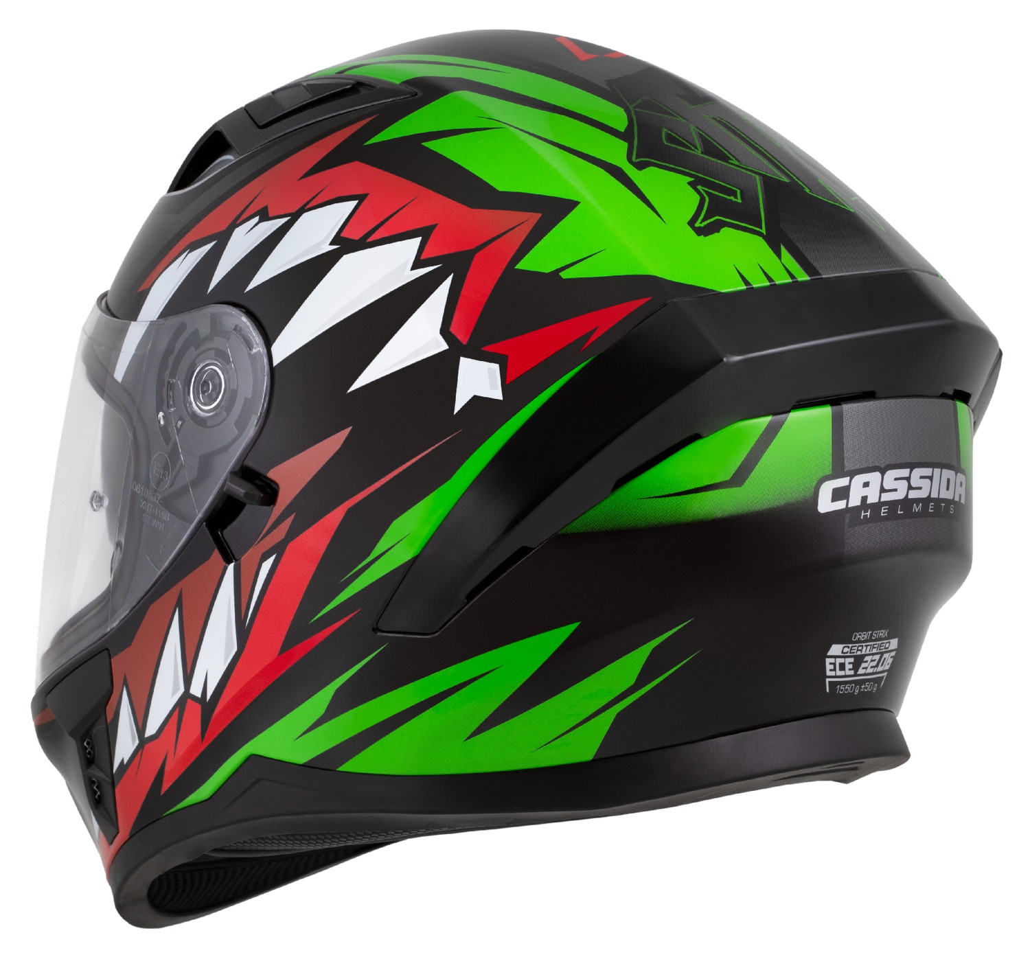 Helmetë integrale CASSIDA Orbit StriX 2026, vizor Pinlock, e kuqe jeshile gri bardhë zezë