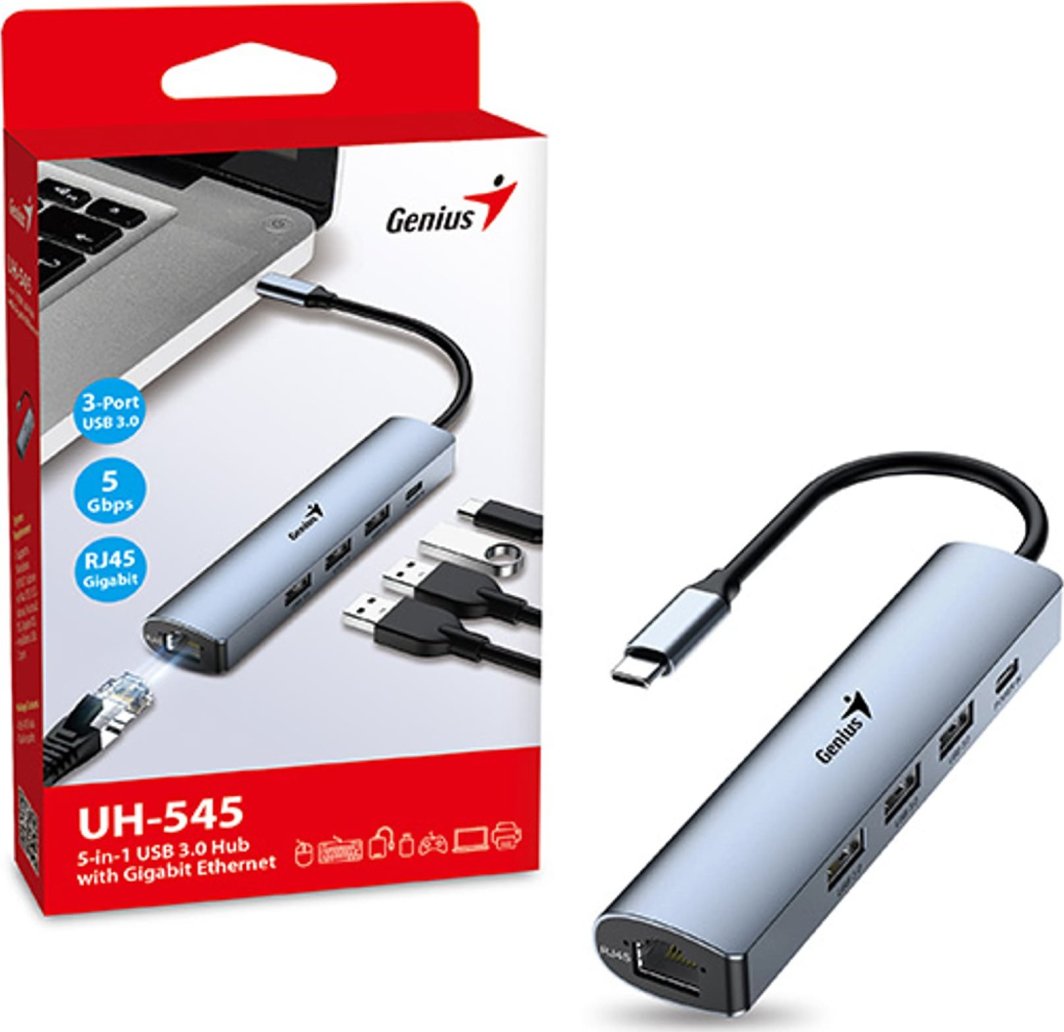 USB Hub Genius USB-C me 3 USB-A / USB-C / RJ-45, i hirtë