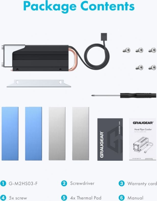 Ftohës për SSD M.2 NVMe Graugear G M2HS03 F, me heatpipe bakri, ventilator PWM, gri