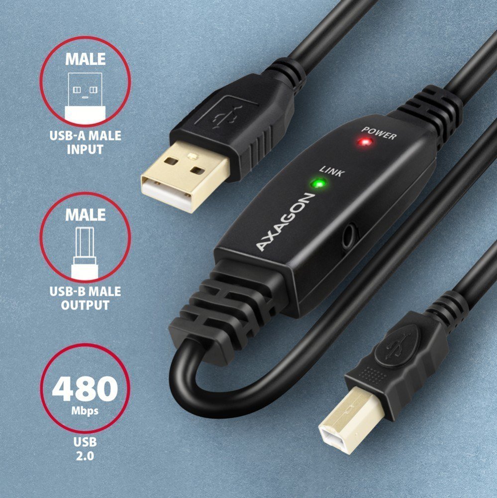 Kabllo USB Axagon ADR-215B, USB-A në USB-B, 15 m, e zezë