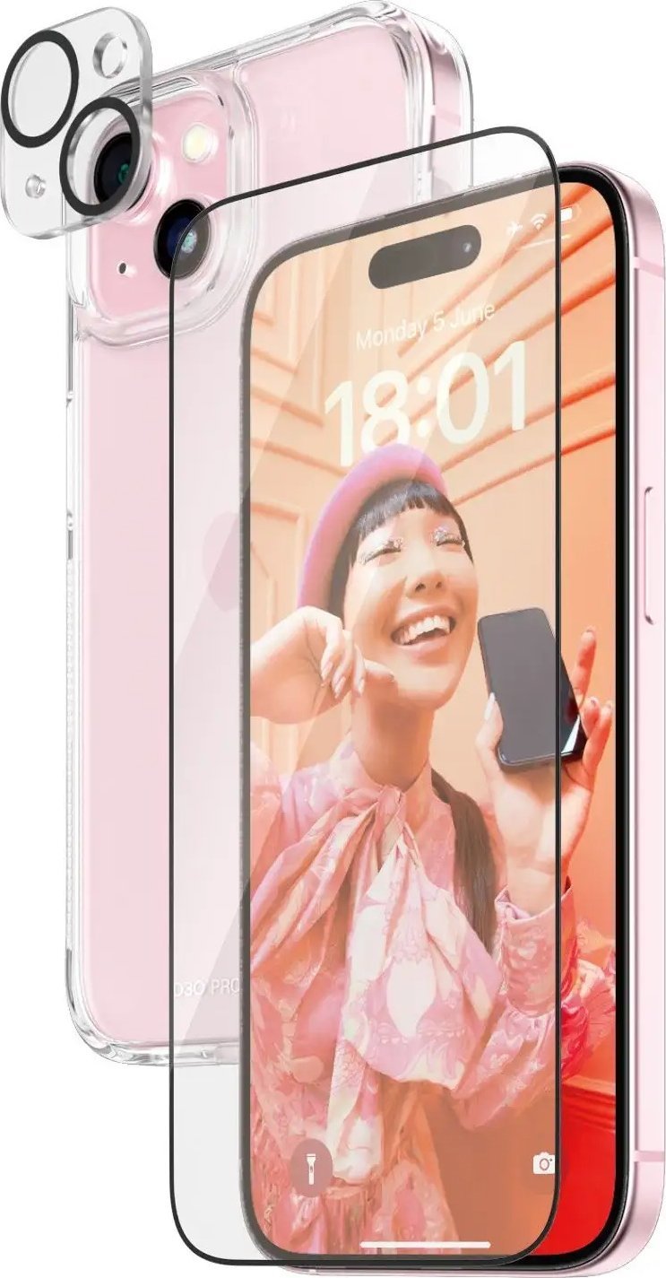 Set mbrojtës PanzerGlass 3 in 1 për iPhone 15, xham ekrani, mbrojtës kamere, HardCase transparent