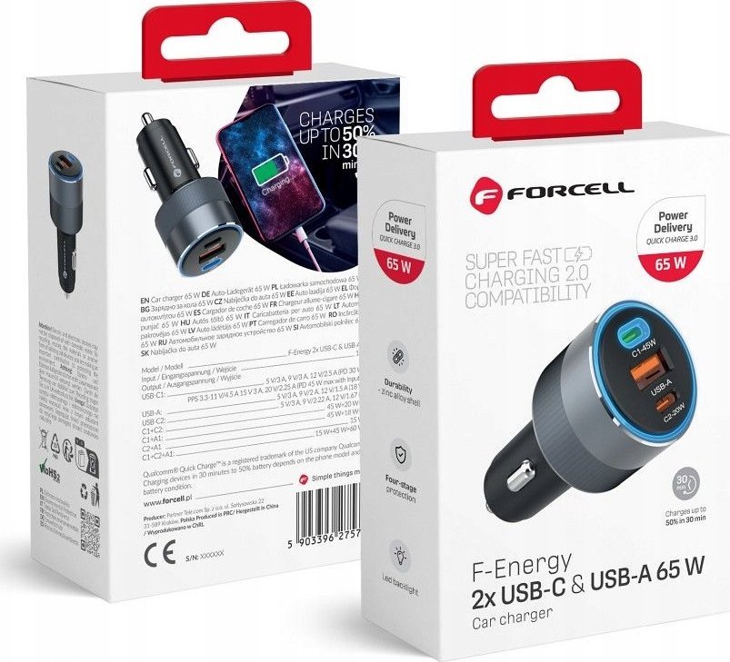 Karikues makine Forcell F-Energy Alu, 65W, 2x USB C 1x USB A, gri