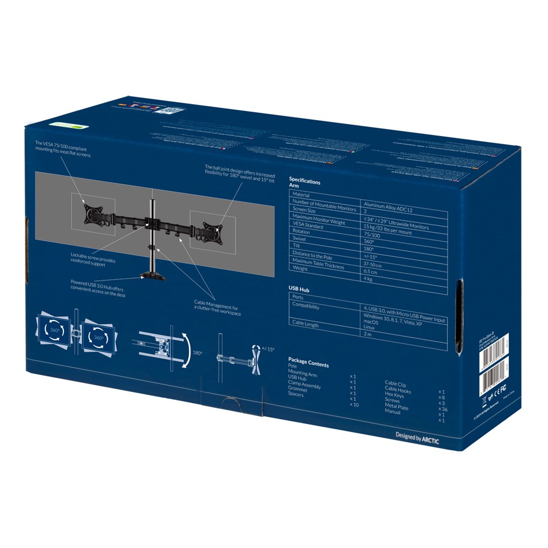 Krah montimi për dy monitorë Arctic Z2 Pro, 34", VESA 75/100, 15 kg, USB 3.0, i zi