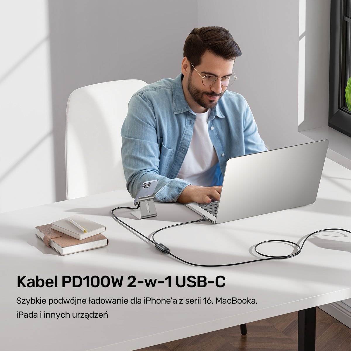 Kabllo USB C Unitek 2in1 PD 100W, silikon, 1.8m, e zezë