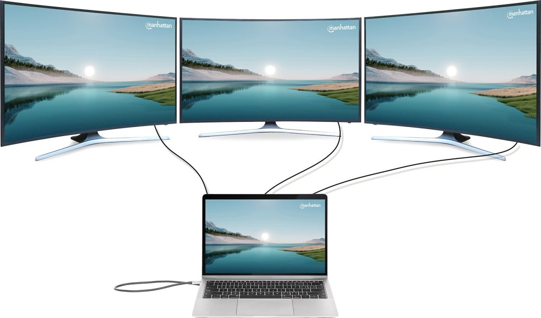 USB-C док Манхатон 12‑во‑1, 3x 4K, Power Delivery 100W, сив