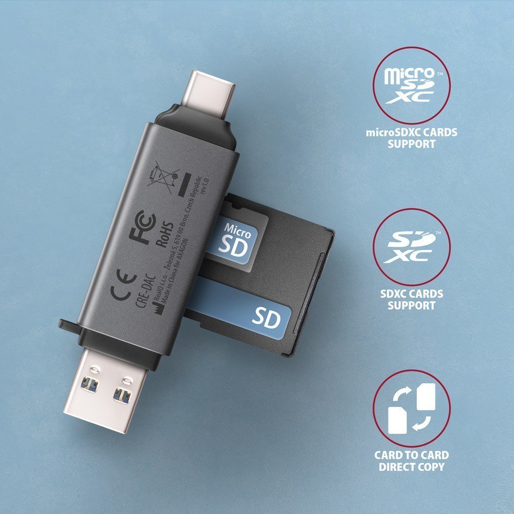 Lexues kartelash i jashtëm Axagon CRE-DAC, USB 3.2 Gen 1 Type-C dhe Type-A, SD dhe microSD, metalik 3