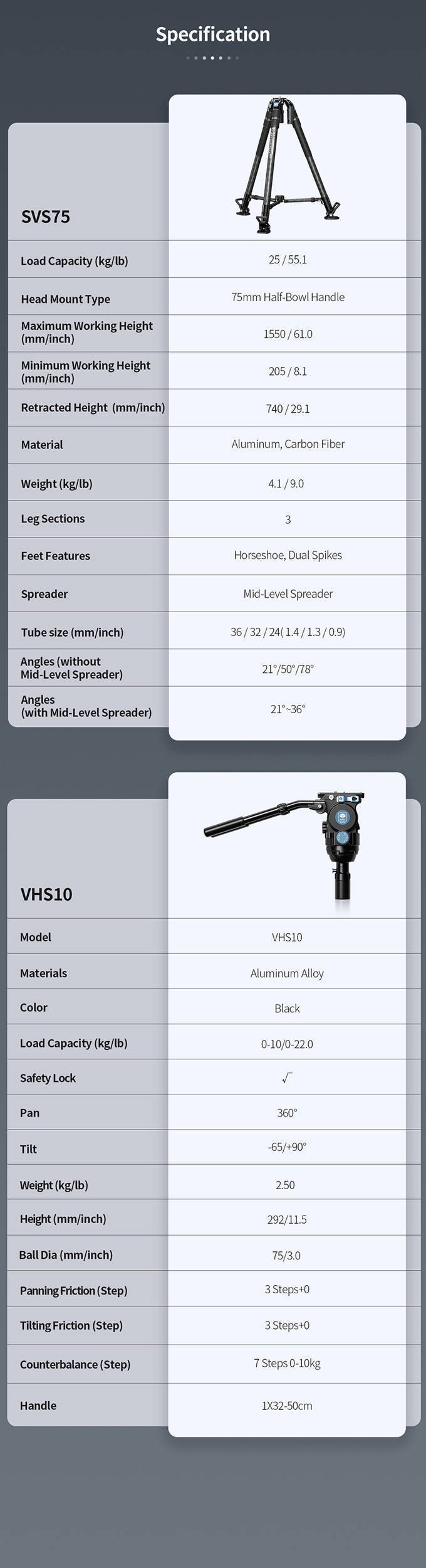 Trekëmbësh video SIRUI SVS75 me kokë fluide VHS10, fibër karboni, një-hap rregullim lartësie, i zi