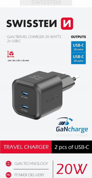 Karikues rrjeti Swissten GaN, 2x USB C, 20W Power Delivery, i zi
