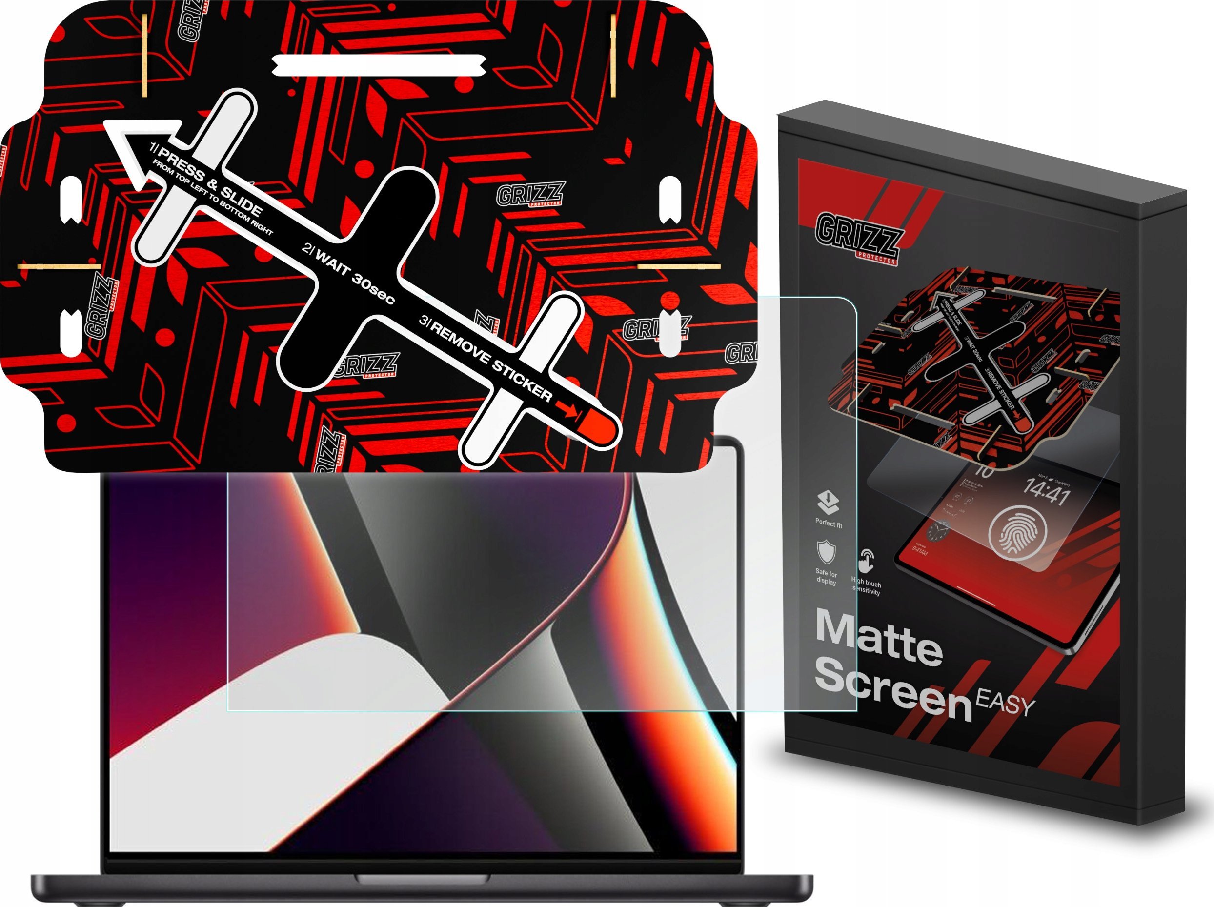 Folie mbrojtëse matte Grizz Easy për Apple MacBook Pro 14" M4 2024, anti gjurmë gishtash, me aplikues
