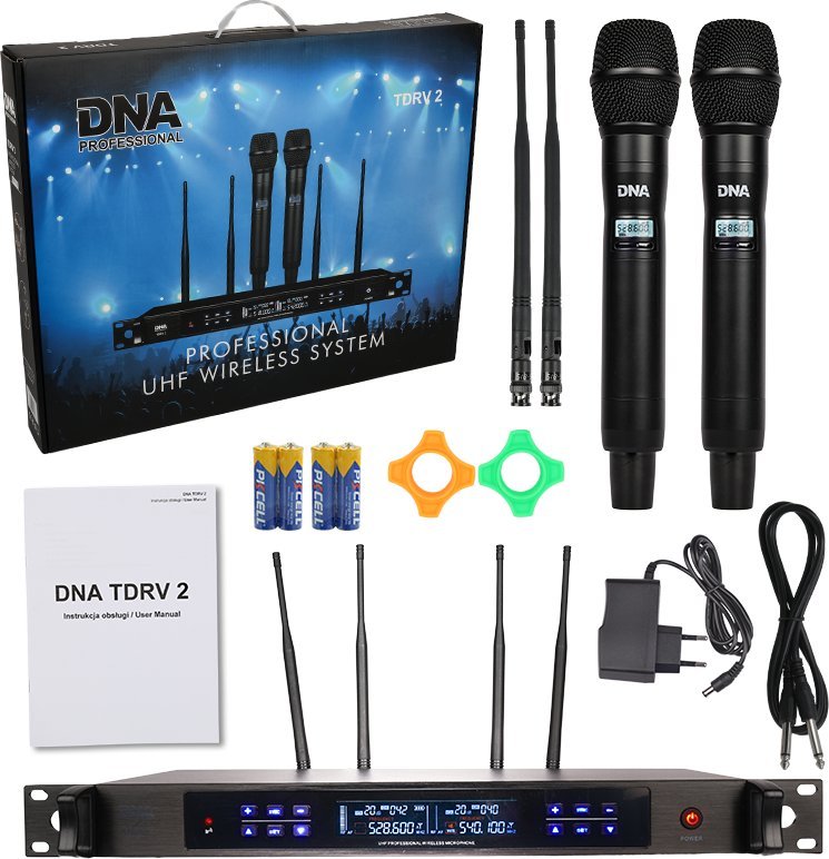 Sistem mikrofoni pa tela DNA TDRV 2, 2 mikrofona dorë, UHF, i zi