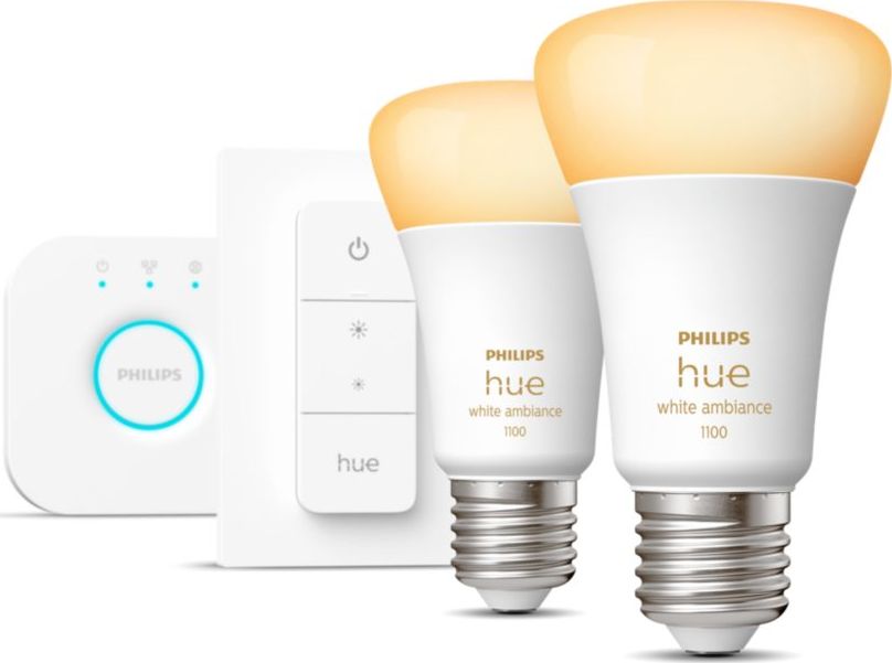 Set ndriçimi Philips Hue Starter Kit, Bridge, 2 llamba E27 8W White Ambiance, switch i bardhë