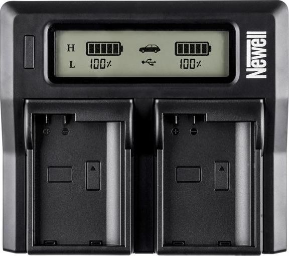 Karikues baterish Newell DC LCD, dy kanale, për seri NP FW, i zi